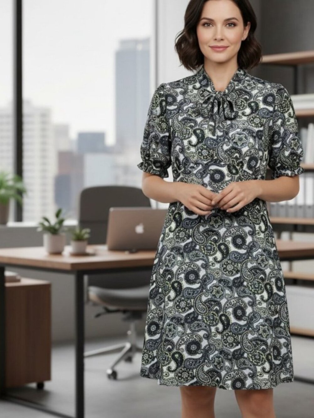 MODCLOTH Gray/Lime Paisley Print Short Sleeve Chiffon Dress in Women's X-Large